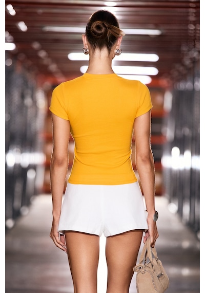 Grımelange Hopewell Kadın Yuvarlak Yaka Örme Slim Fit Turuncu T-shirt