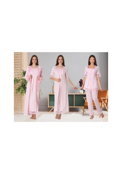 Effortt Dvina Lohusa Hamile Gecelik, Sabahlık Ve Pijama Takımı Seti - 4'lü Takım - Pembe Pembe