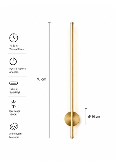 Flame Sarjlı Led Aplik 8w 3200k Gün Işığı 75cm Duvar Tipi /tablo Dekoratif Işık Gold