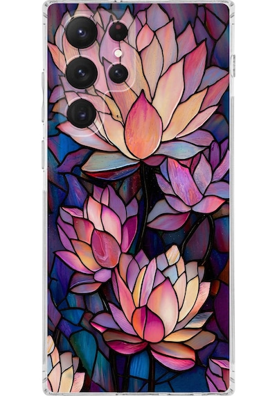 Printify Samsung Galaxy S22 Ultra İle Uyumlu Vitray Sessiz Lotus Tasarımlı Şeffaf Silikon Kılıf Şeffaf