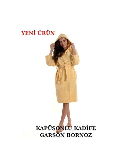 Pamuklu Kapüşonlu Genç Garson Boy Unisex Cepli Bukle Kadife Bornoz Sarı