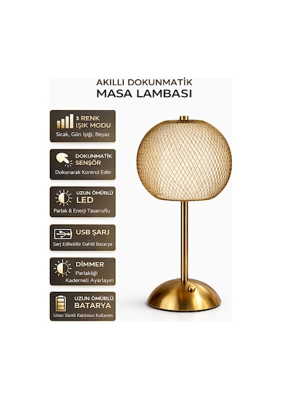 Tel Dekoratif Siyah Masa Ve Gece Lambası Led Abajur Altın