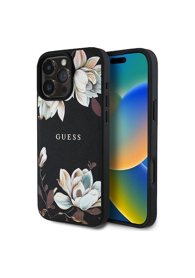 Apple Uyumlu iPhone 16 Pro Max Kılıf Guess Lisanslı Magsafe Özellikli Çiçek Tasarımlı Yazı Logolu Kapak Siyah