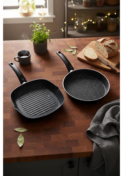 Carolin 2 Parça Grill Tava Seti Siyah 26 Cm -28 Cm Açık Gri