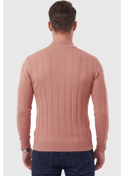 Rizzup Erkek Slim Fit Yarım Balıkçı Yaka Çizgi Dokulu Gülkurusu Triko Kazak 2505503