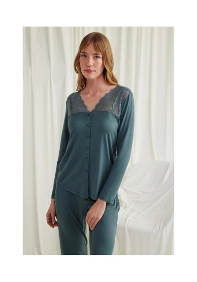 Aria's Closet Arias Closet Yakası Omzu Ve Paçası Dantelli Boydan Düğmeli Pijama Takımı Yeşil