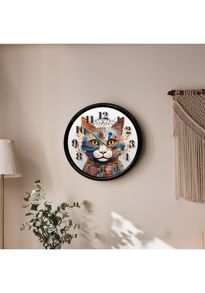 Sanatsal Kedi Portresi Temalı Dekoratif Duvar Saati 28 Cm Sessiz Mekanizma Çok Renkli