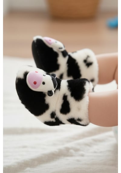 Kışlık Patik, İnek Peluş Bot, Polar İnek Desenli Rahat Ve Kaymaz Tabanlı, Bebek Ve Çocuk - Siyah
