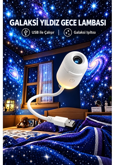 12 Projeksiyon Kartlı 2 Si 1 Arada Usb Gece Lambası Ve Yıldız Projektörü, Esnek Gövdeli Tavan Duvar Projeksiyon