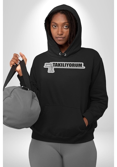 Yalnız Takılıyorum Yazılı Kadın Erkek Siyah Kapüşonlu Sweatshirt Hoodie Siyah