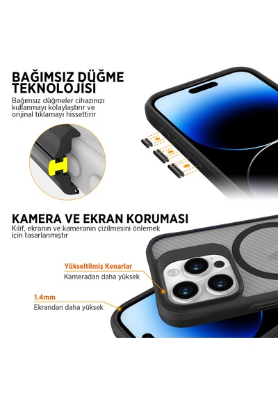 Bix iPhone Uyumlu 16 Carbon Fiber Force Magsafe Kılıf Anti-şok Teknolojili Kamera Ve Ekran Korumalı Karbon