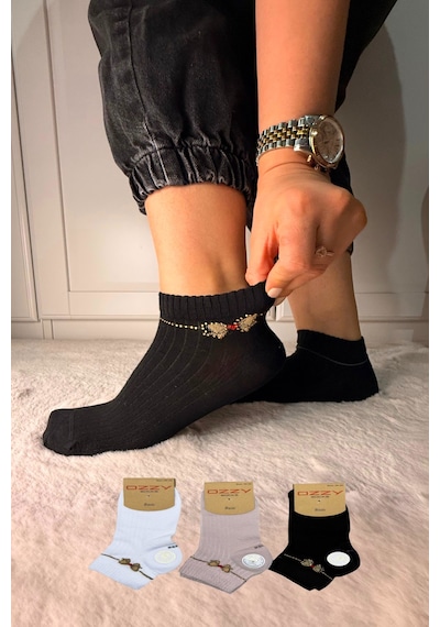 Ozzy Socks 3 Çift Kadın Taş Detaylı Dikişsiz & Takviyeli Patik Çorap Altın