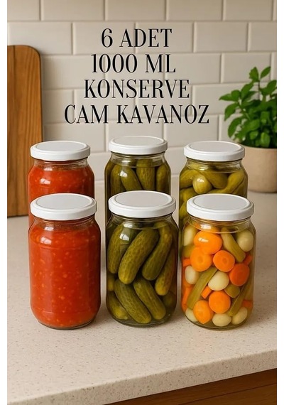 6 Adet 1000 Ml Metal Beyaz Konserve Kapaklı Şeffaf Paşabahçe Menemen Turşuluk Cam Kavanoz Diğer
