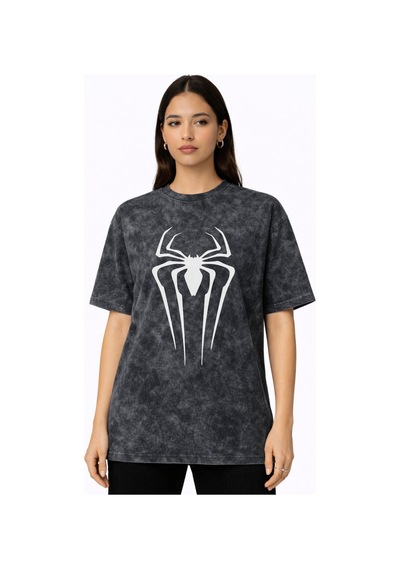 Tasarım Spider-man Logo Örümcek Adam Baskılı Unisex Oversize Vint Siyah
