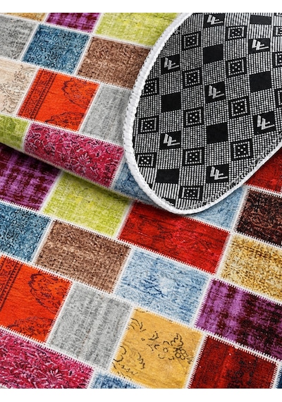 Çok Renkli Patchwork Eskitme Desenli Dijital Baskılı Kaymaz Tabanlı 6 Mm Yıkanabilir Halı