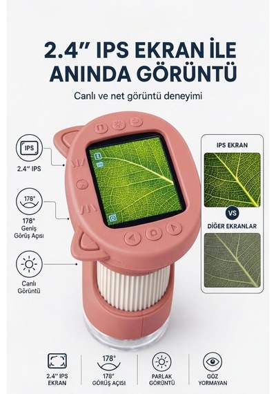 4berry Taşınabilir Fotoğraf Çekebilen Dijital Mikroskop 1000x 2.4 Ips Ekran, 2 Mp Kamera, 8 Led Işık, Type-c Şarjlı Pembe