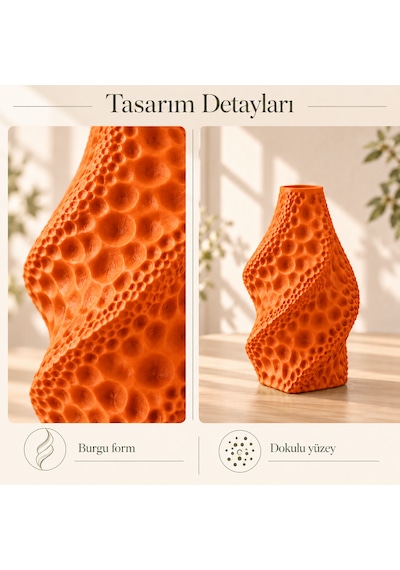 Dekoratif Vazo Burgu Formlu Taş Dokulu Modern Kuru Çiçeklik Turuncu