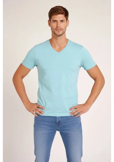 Zenna Tarz Erkek T-shirt V Yaka Slim Fit Dar Kesim Likralı Tişört Günlük Basic Body - Turkuvaz Turkuaz