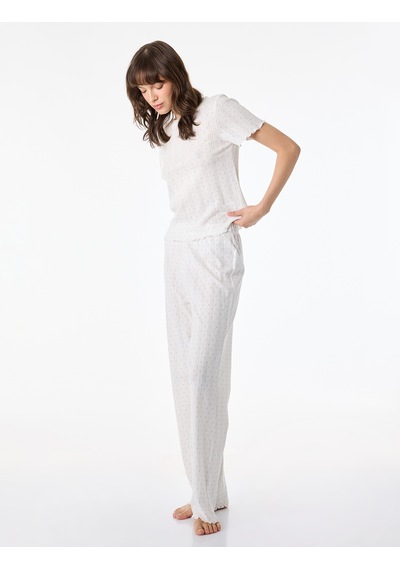 Koton Kısa Kollu Rahat Kesim Pamuklu Pijama Takımı - 2'li Set Ekru Desenli 6slk40091mk