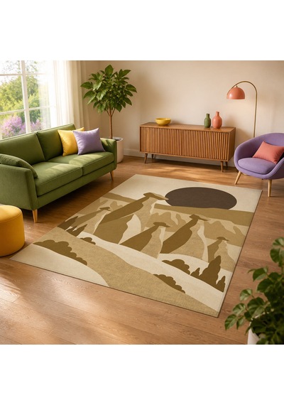 Kartela Halı Kapadokya Peri Bacası Desenli Halı Hardal Sarısı Kaymaz Taban 200x300 Cm
