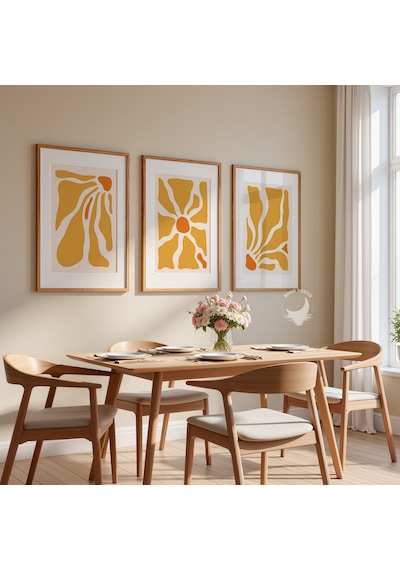 3 Lü Soyut Çerçevesiz Poster Seti Hardal Sarısı Turuncu Modern Minimalist Duvar Dekoru Ev Dekorasyonu