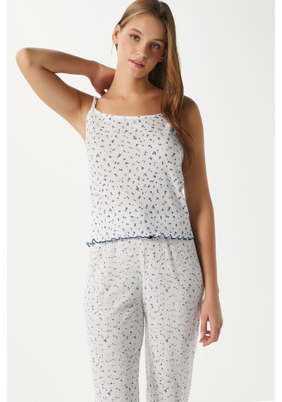 Ritnice Kadın June Askılı Mavi Minik Çiçekli Alt Üst Pijama Takımı Ekru - Mavi
