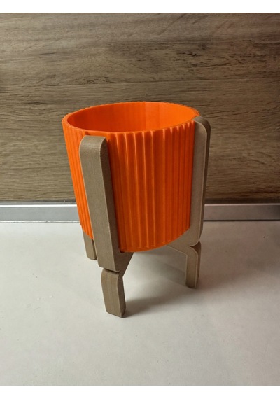 3d Baskı Ayaklı Çizgili Saksı - Bej Standlı Dekoratif Saksı - Turuncu