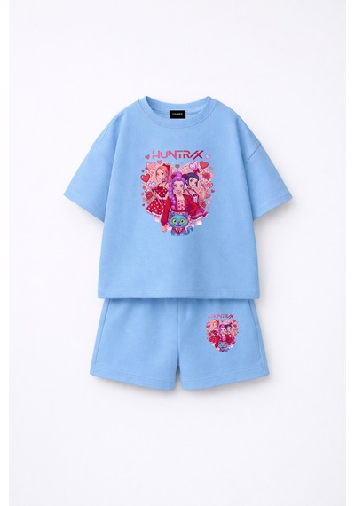 Fasardi Kpop Demon Hunters Huntrix Zoey Rumi Mira Baskılı Oversize %100 Pamuk Tişört Şort Çocuk Takım Mavi
