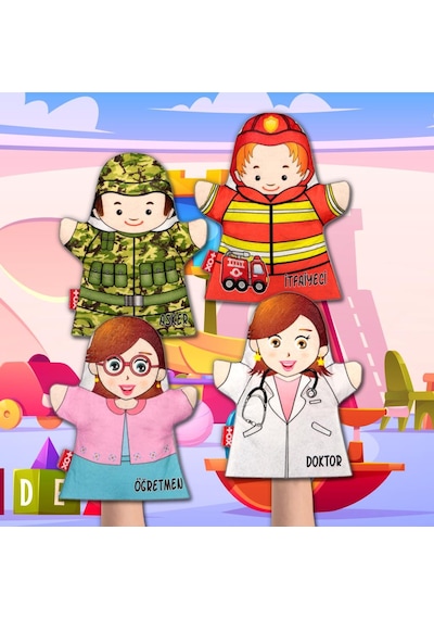 4 Parça Tox Meslekler El Kukla Set , Eğitici Oyuncak