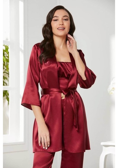 Pierre Cardin Kadife Saten 3'lü Pijama Takım 2075 Bordo 001