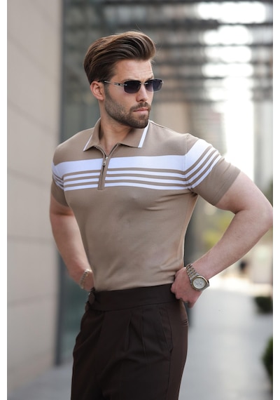 Madmext Vizon Fermuarlı Polo Yaka Erkek Triko T-shirt E7407 Vizon