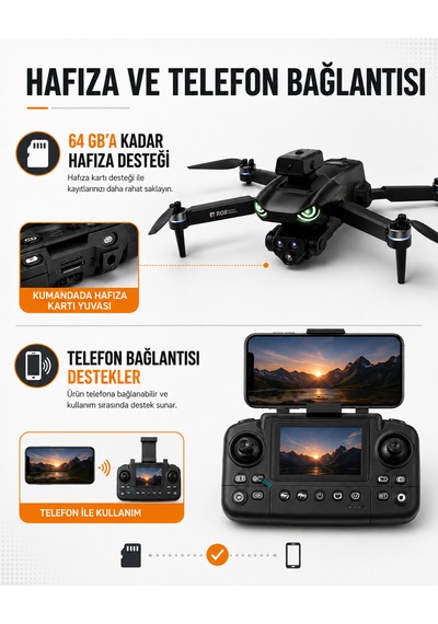 R08 Ekranlı Kumandalı Katlanabilir Drone Hd Çift Kameralı 4 Yönlü Engel Algılama 30 M Uçuş Yüksekliği Hafıza Kartı Destekliere2e