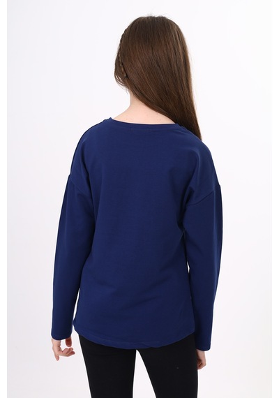 Toontoy Kız Çocuk Cep Üstü Baskılı Sweatshirt Lacivert