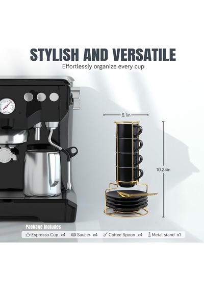 4 Oz Espresso Bardakları, Tabaklar, Kaşıklar Ve Metal Stand, Küçük İstiflenebilir Kahve Fincanları 4'lü Set, Ne Diğer