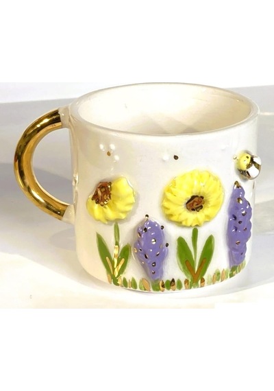 Premium Kalite 24 Ayar Altın Detaylı El Yapımı Papatya Kabartmalı Mug 200 Ml Flower Daisy