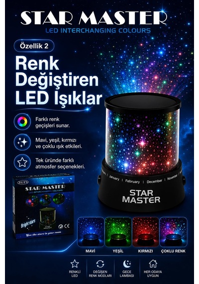 Oda İçin Yıldız Efektli Led Gece Lambası Renkli Işık Yansıtan Dekoratif Projektör Çok Renkli
