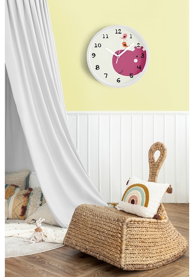 Sevimli Su Aygırı Ve Kuşlar Çizimli Çocuk Odası Duvar Saati - 42cm - Önü Camlı Beyaz Kasa Beyaz