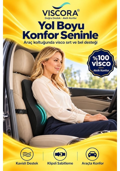 Araba Sırt Minderi Ofis Koltuk Sırt Minderi Ergonomik %100 Visco Klipsli Destek Yastığı, Siyah 45