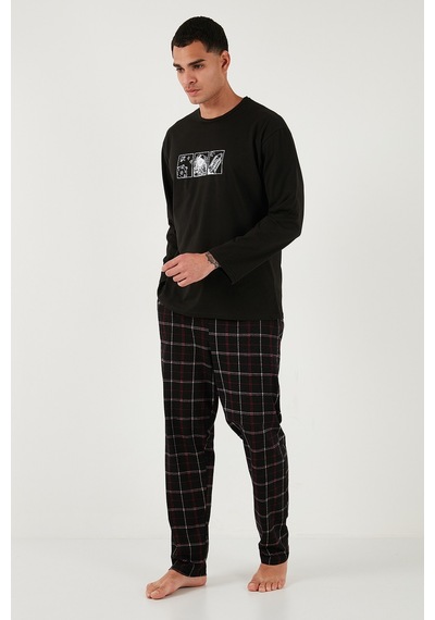 Buratti Ekoseli Pamuklu Regular Fit Yüksek Bel Bisiklet Yaka Erkek Pijama Takımı 6574000 Siyah