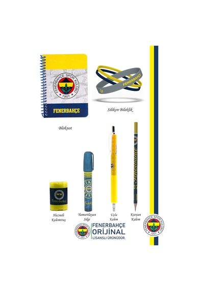 Fenerbahçe Orijinal Lisanslı Kalem Bileklik Bloknot Kalemtraş Silgi Hediyelik Set Sarı 006 Sarı