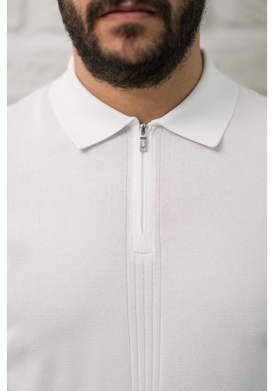 San&fa Slimfit Fermuar Kapamalı Rayon Kumaş Likralı Polo Yaka T-shirt Beyaz