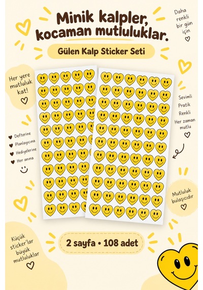 Gülen Kalp Sticker Seti 108 Adet 2 Sayfa Sarı Gülücük Kalp Sticker Defter, Laptop, Hediye Süsleme Etiketi Çok Renkli