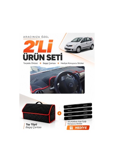 Nissan Note E11 2005-2009 Uyumlu Torpido Örtüsü + Tay Tüyü Bagaj Çantası + Sticker - Siyah Kırmızı