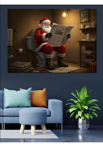 Tuvalette Gazete Okuyan Noel Baba Dekoratif Kanvas - Mdf Ahşap Tablo