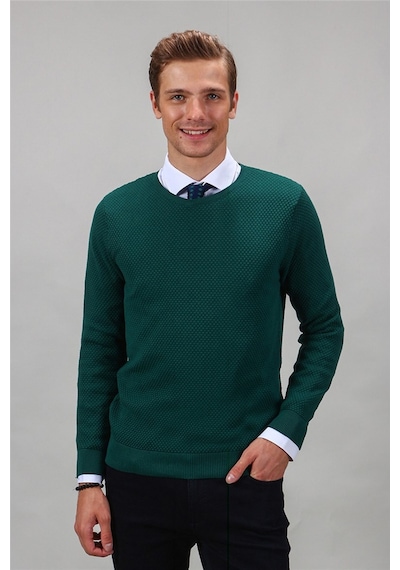 Tudors Slim Fit Dar Kesim Bisiklet Yaka Petek Desenli Erkek Kazak-16252 Yeşil