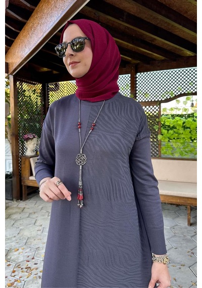 Rabia Şamlı Zebra Desen Triko Elbise Antrasit Normal