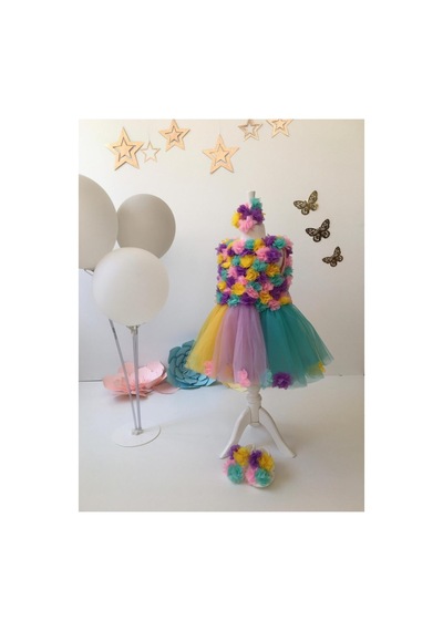 Hayy Baby Kids Wear Renkli Tüllü Çiçekli Tütü Elbise Lila Yeşil Pembe Sarı