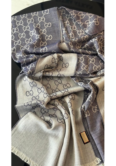 Miorel Scarfs İnce Kumaş G Desen Pamuklu Şal Yün İpek Şal 4 Mevsim Çift Taraflı Kot Mavi
