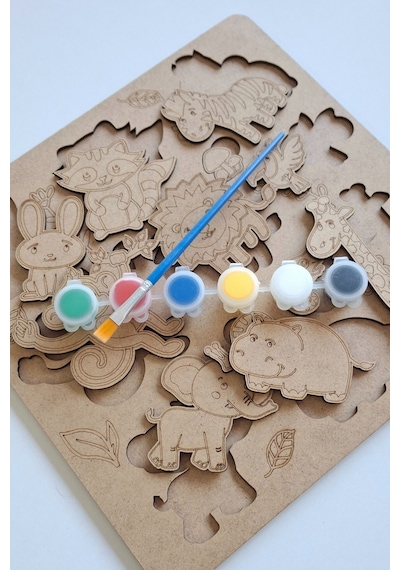 Çocuklar İçin Zeka Ve Beceri Geliştiren Safari Ahşap Boyama Puzzle Seti