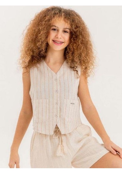 Zekids Kız Çocuk Çizgili Crop Keten Yelek-14245 Bej